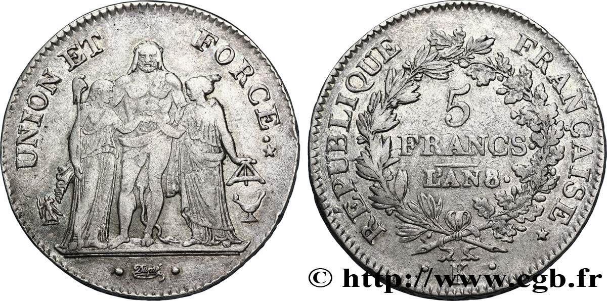 5 francs Union et Force, Union serré, avec glands intérieurs et gland extérieur 1800 Bordeaux F.288/133 VF38 