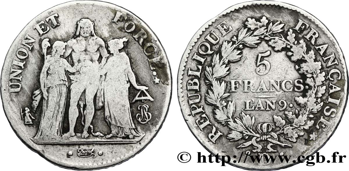5 francs Union et Force, Union serré, avec glands intérieurs et gland extérieur 1801 Lyon F.288/157 TB22 
