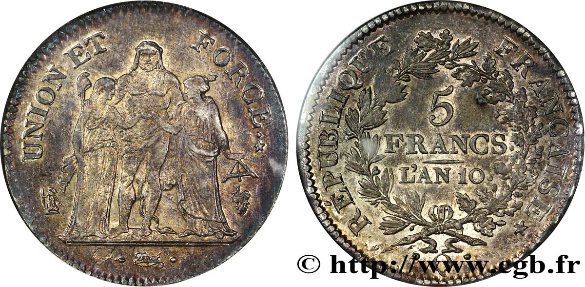 5 francs Union et Force, Union serré, avec glands intérieurs et gland extérieur 1802 Perpignan F./ TTB53 