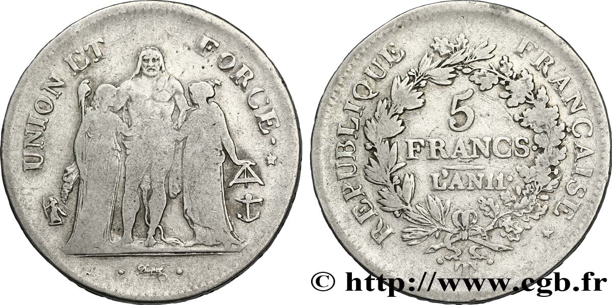 5 francs Union et Force, Union serré, avec glands intérieurs et gland extérieur 1803 Nantes F.288/202 TB18 