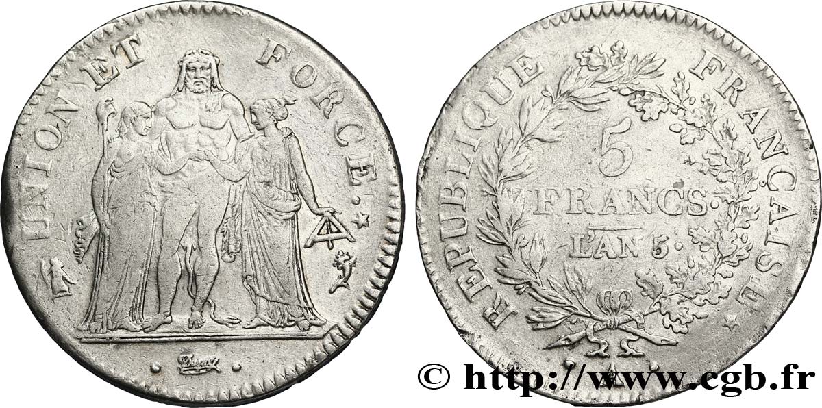 5 francs Union et Force, Union desserré, avec glands intérieurs et gland extérieur 1797 Paris F.291/9 TB38 