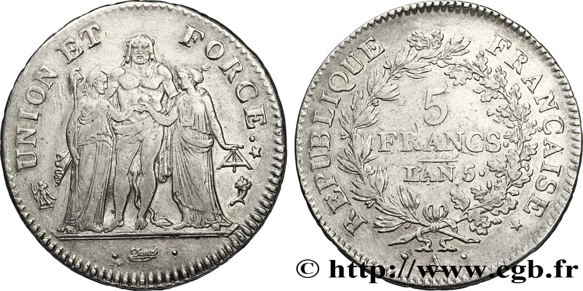 5 francs Union et Force, Union desserré, avec glands intérieurs et gland extérieur 1797 Paris F.291/3 TTB45 