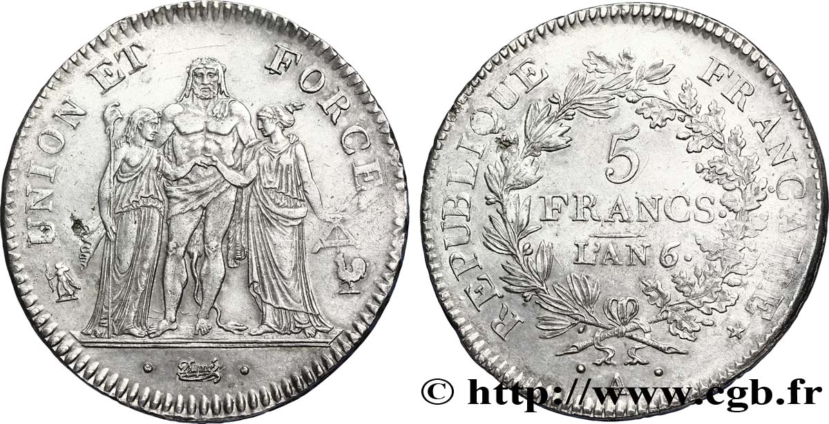 5 francs Union et Force, Union desserré, avec glands intérieurs et gland extérieur 1797 Paris F.291/17 TTB50 