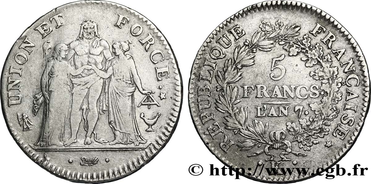 5 francs Union et Force, Union desserré, avec glands intérieurs et gland extérieur 1799 Bordeaux F.291/23 S35 