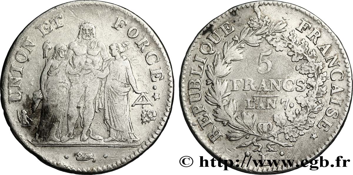 5 francs Union et Force, Union desserré, avec glands intérieurs et gland extérieur 1799 Bayonne F.291/26 TB35 
