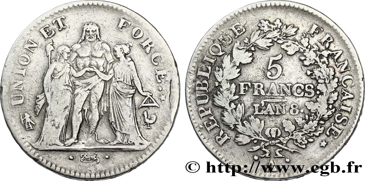5 francs Union et Force, Union desserré, avec glands intérieurs et gland extérieur 1800 Paris F.291/30 VF35 
