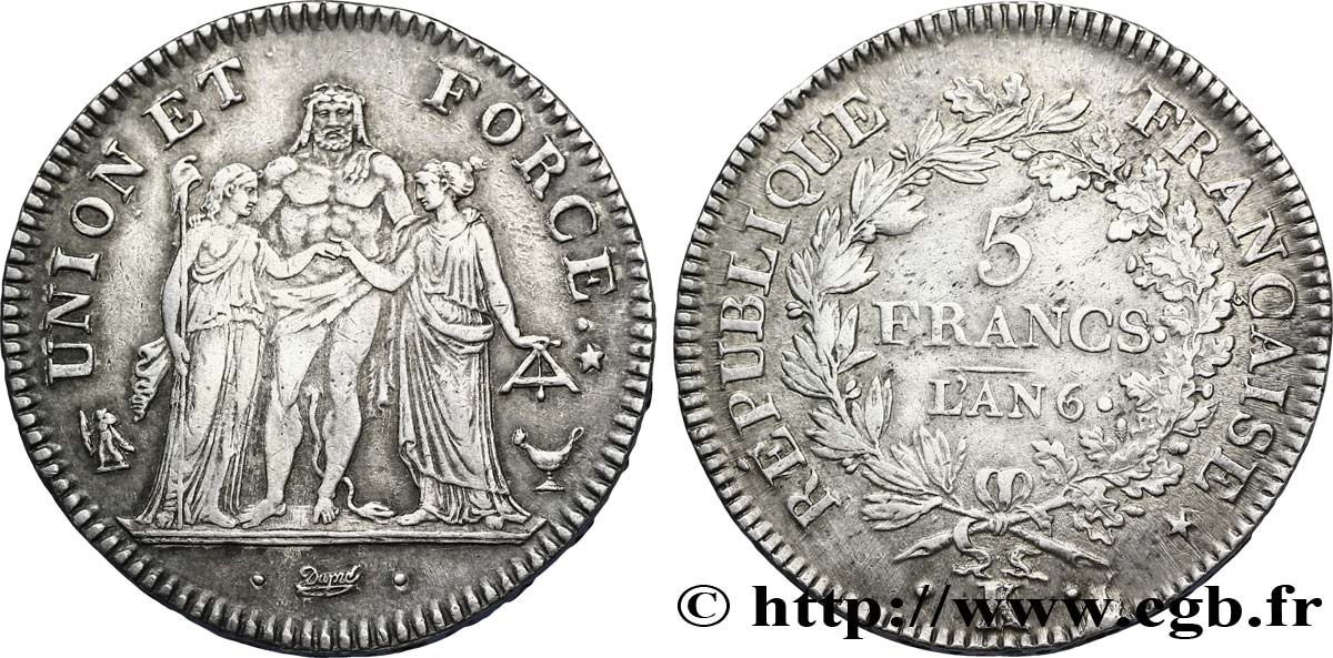 5 francs Union et Force, Union serré, avec gland intérieur du bas et gland extérieur 1798 Bordeaux F.288/64 var. MBC53 