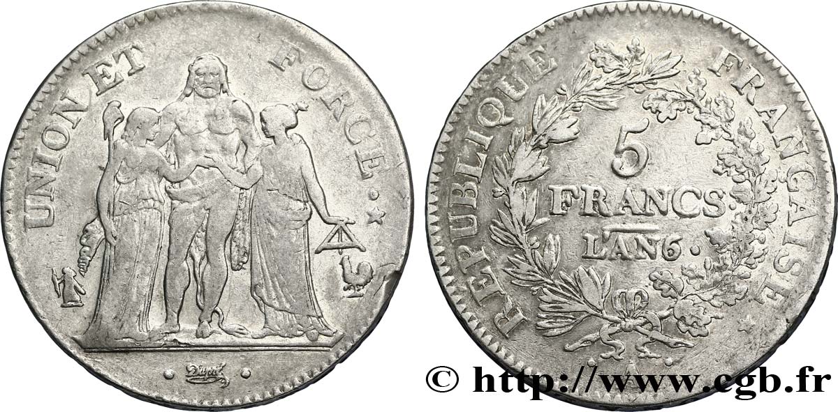 5 francs Union et Force, Union serré, seulement gland extérieur 1798 Paris F.288/47 MB35 