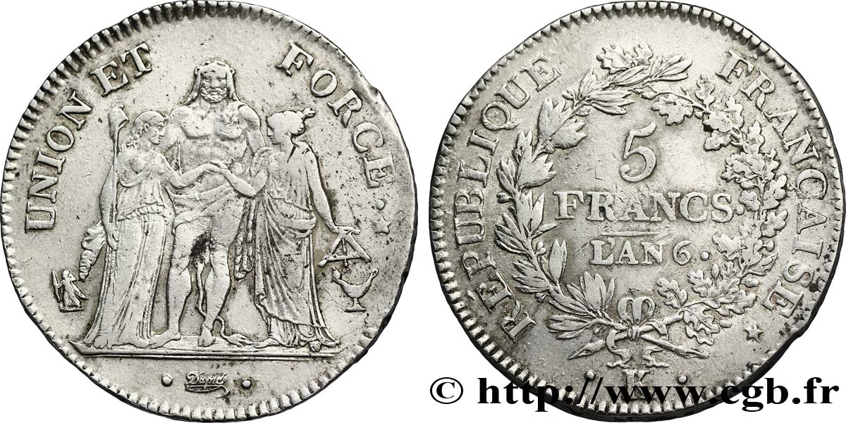 5 francs Union et Force, Union serré, seulement gland extérieur 1798 Bordeaux F.288/56 MBC45 