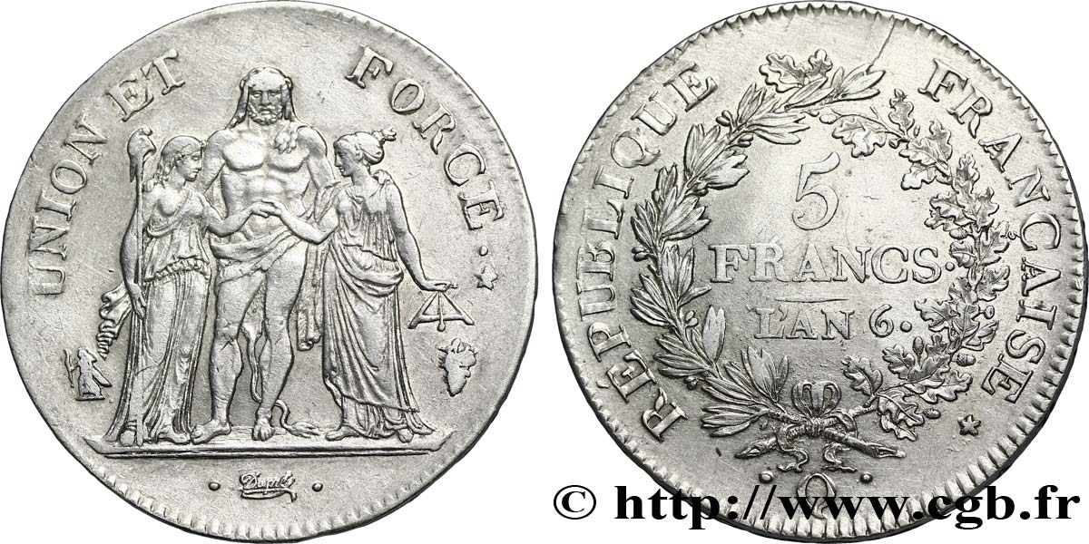 5 francs Union et Force, Union serré, seulement gland extérieur 1798 Perpignan F.288/79 TTB50 