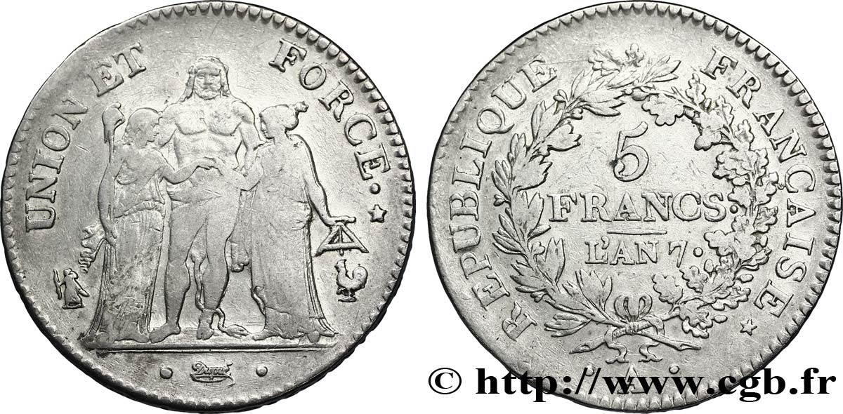 5 francs Union et Force, Union serré, seulement gland extérieur 1799 Paris F.288/98 TB35 
