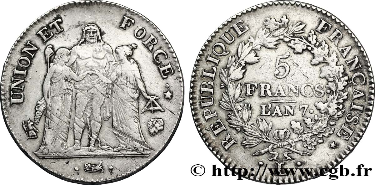 5 francs Union et Force, Union serré, seulement gland extérieur 1799 Bayonne F.288/112 BB45 