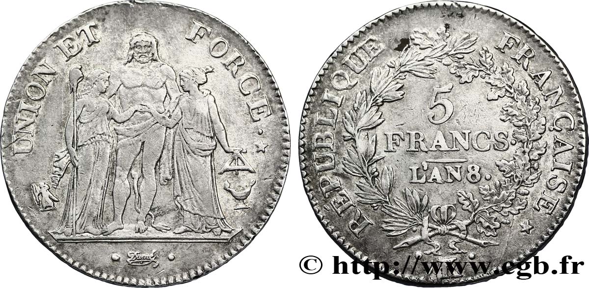5 francs Union et Force, Union serré, seulement gland extérieur 1800 Bordeaux F.288/140 TTB45 