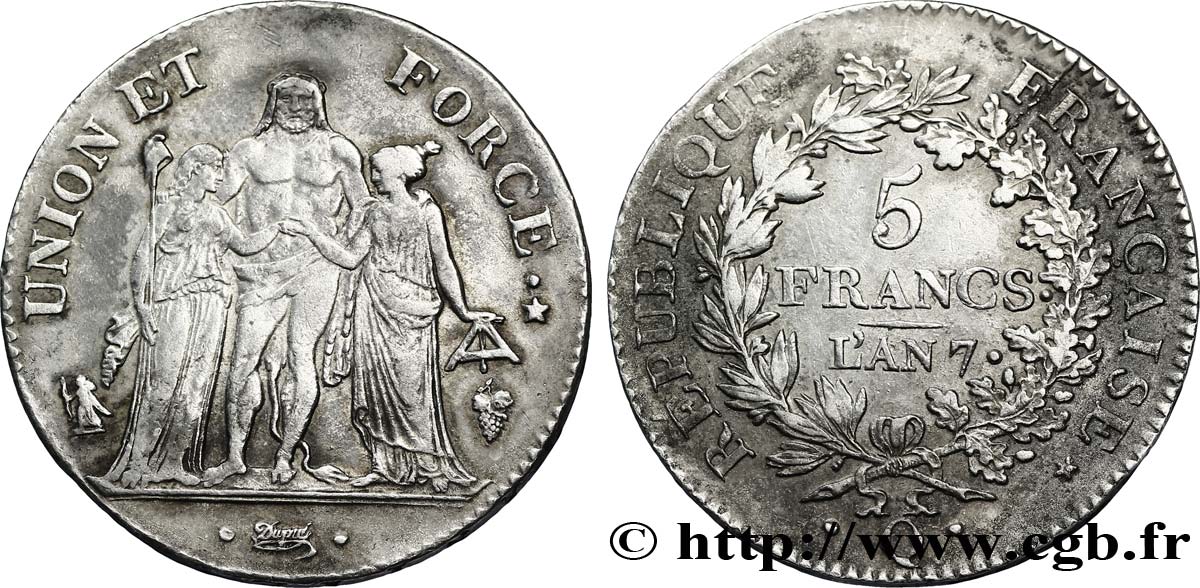 5 francs Union et Force, Union serré, seulement gland extérieur, petite feuille 1799 Perpignan F.288/119 MBC45 