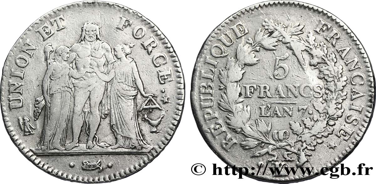 5 francs Union et Force, Union desserré, seulement gland extérieur, petite feuille 1799 Bordeaux F.291/25 TB35 