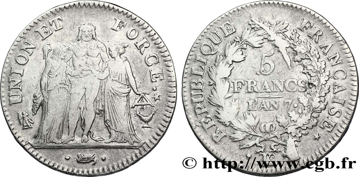 5 francs Union et Force, Union desserré, seulement gland extérieur, petite feuille 1799 Bordeaux F.291/25 BC35 