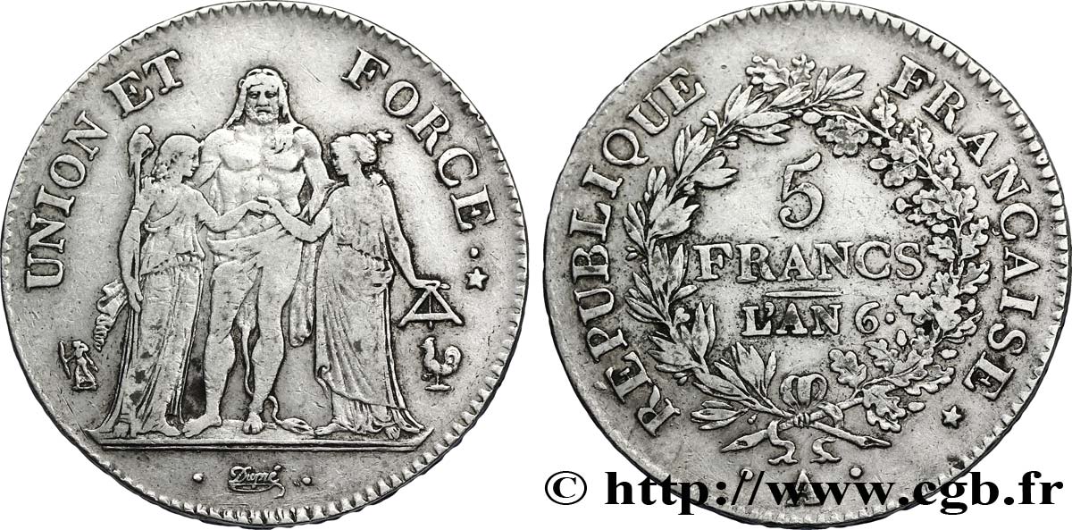 5 francs Union et Force, Union serré, gland intérieur haut, gland extérieur, grande feuille 1798 Paris F.288/35 SS42 