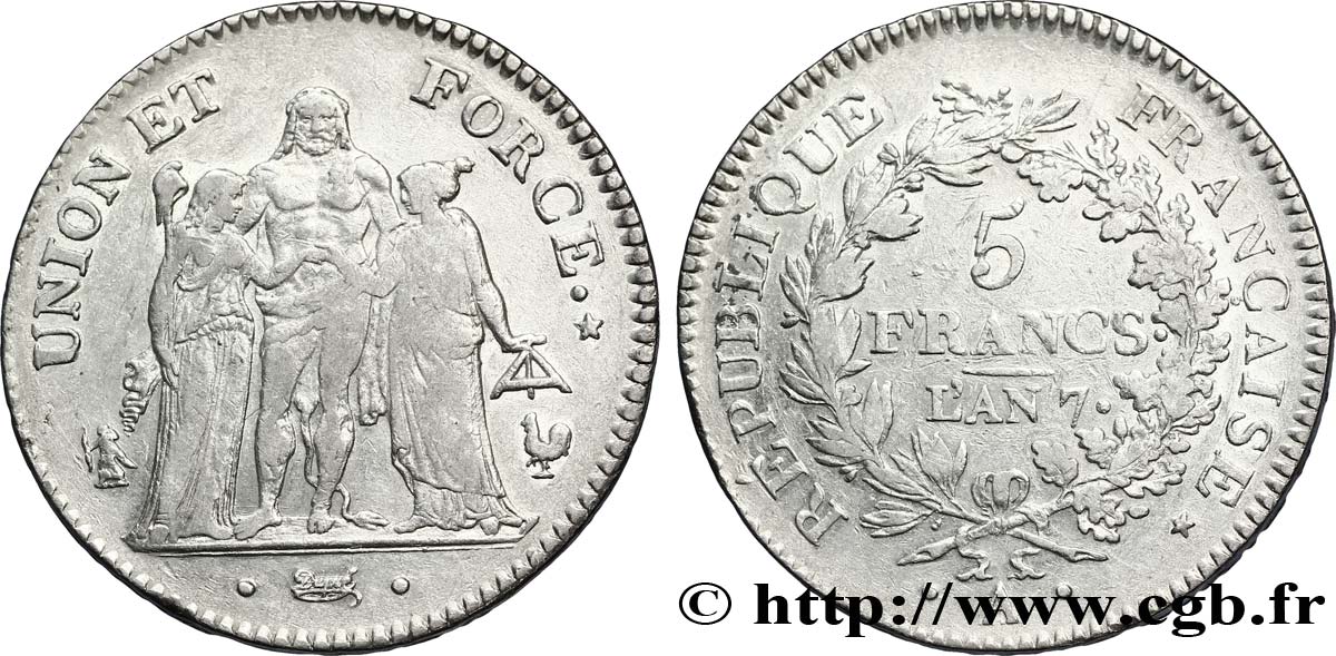5 francs Union et Force, Union serré, gland intérieur haut, gland extérieur, petite feuille 1799 Paris F.288/100 BB40 
