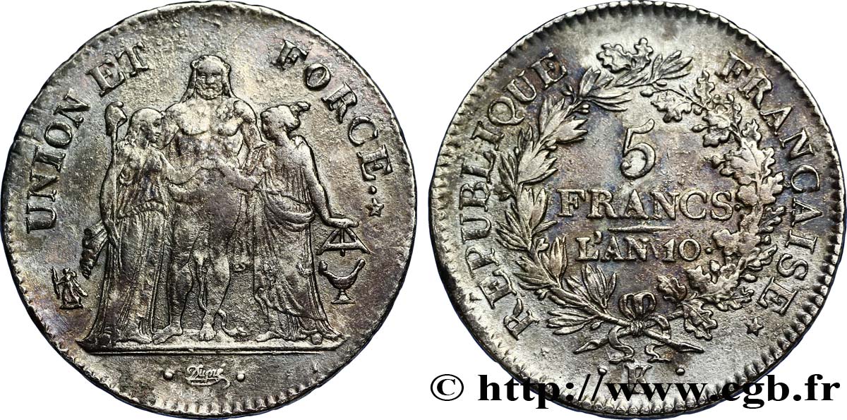 5 francs Union et Force, Union serré, seulement glands intérieurs 1802 Bordeaux F.288/177 TTB42 