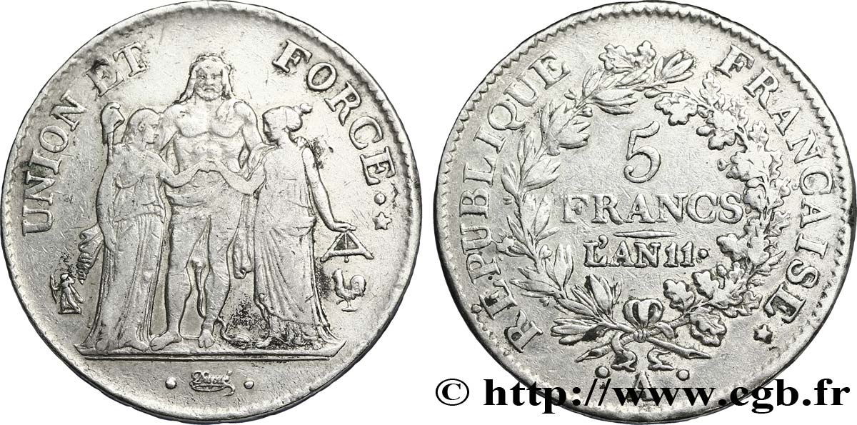 5 francs Union et Force, Union serré, seulement glands intérieurs 1803 Paris F.288/188 TTB40 