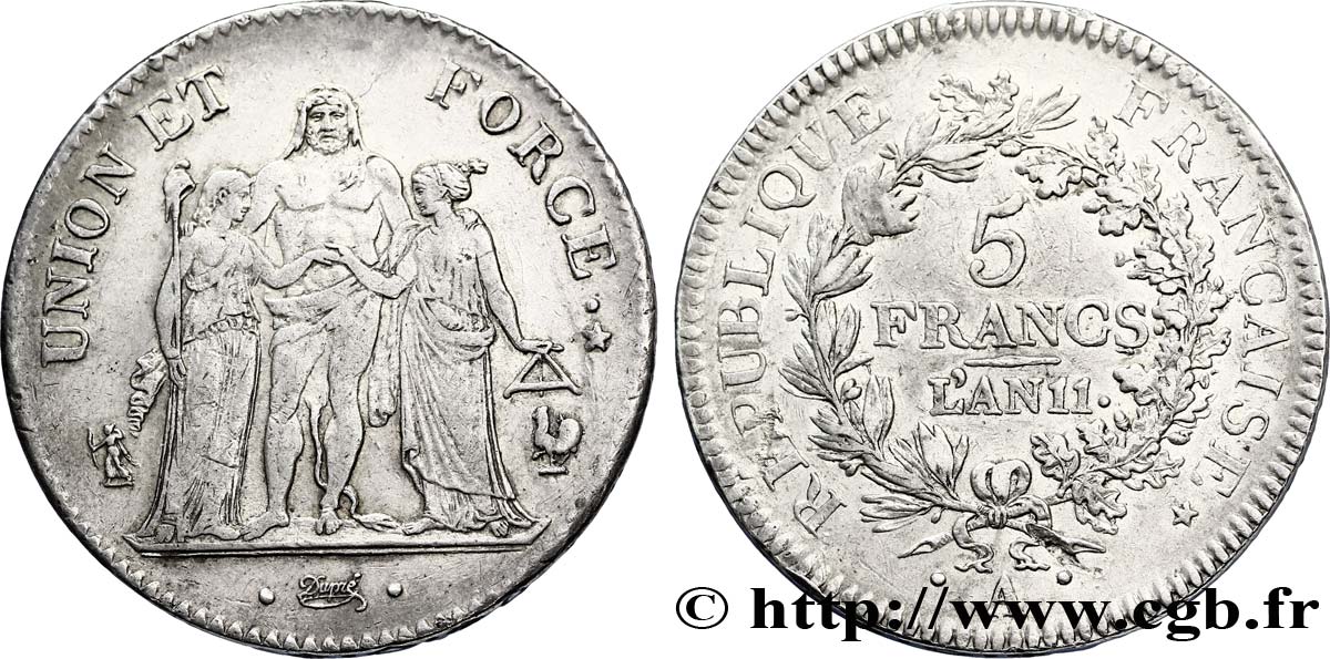 5 francs Union et Force, Union serré, seulement glands intérieurs 1803 Paris F.288/191 TTB48 
