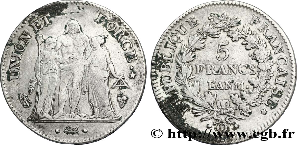 5 francs Union et Force, Union serré, seulement glands intérieurs 1803 Perpignan F.288/199 TB30 