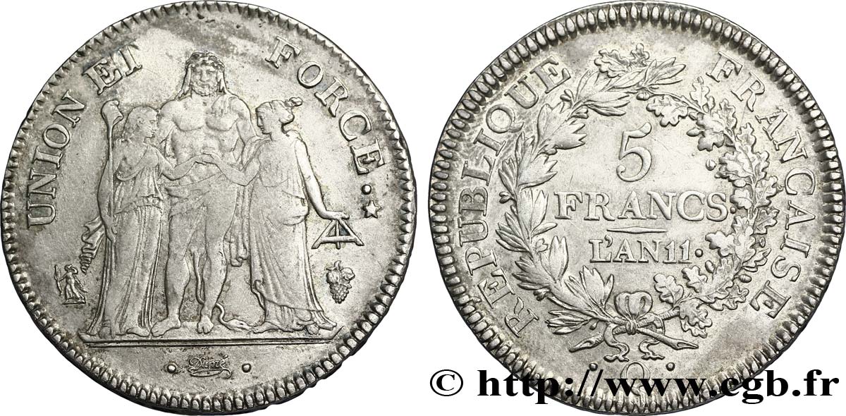 5 francs Union et Force, Union serré, seulement glands intérieurs 1803 Perpignan F.288/200 TTB48 