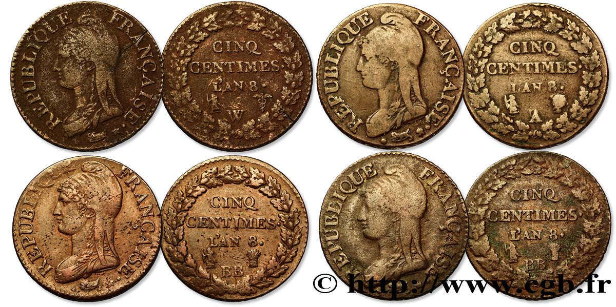 Lot de quatre pièces de Cinq centimes Dupré, grand module (F.115) n.d. n.l. F.115/- BC 
