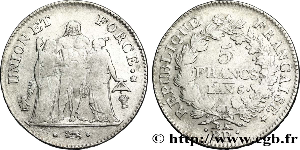 5 francs Union et Force, Union serré, avec glands intérieurs et gland extérieur 1797 Strasbourg F.288/16 BC38 