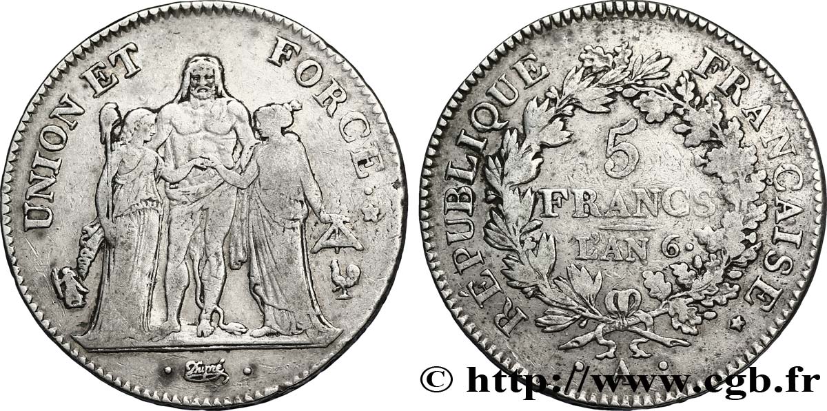 5 francs Union et Force, Union serré, avec glands intérieurs et gland extérieur 1798 Paris F.288/35 MB35 