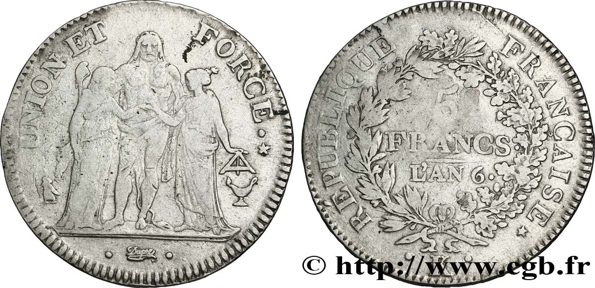 5 francs Union et Force, Union serré, avec glands intérieurs et gland extérieur 1798 Bordeaux F.288/55 S28 