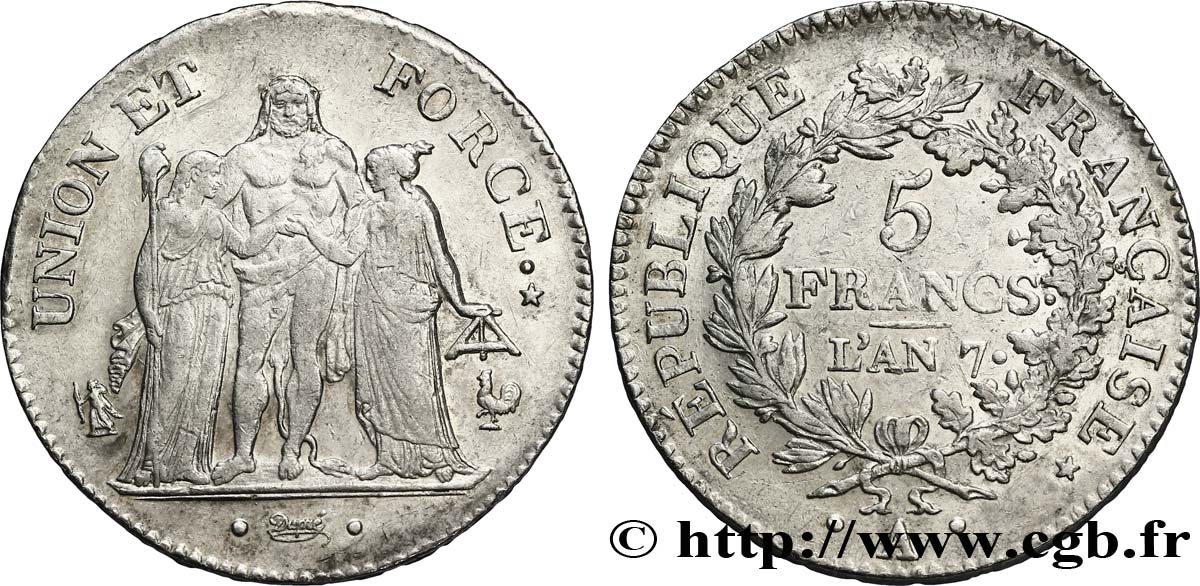 5 francs Union et Force, Union serré, avec glands intérieurs et gland extérieur 1799 Paris F.288/95 TTB50 