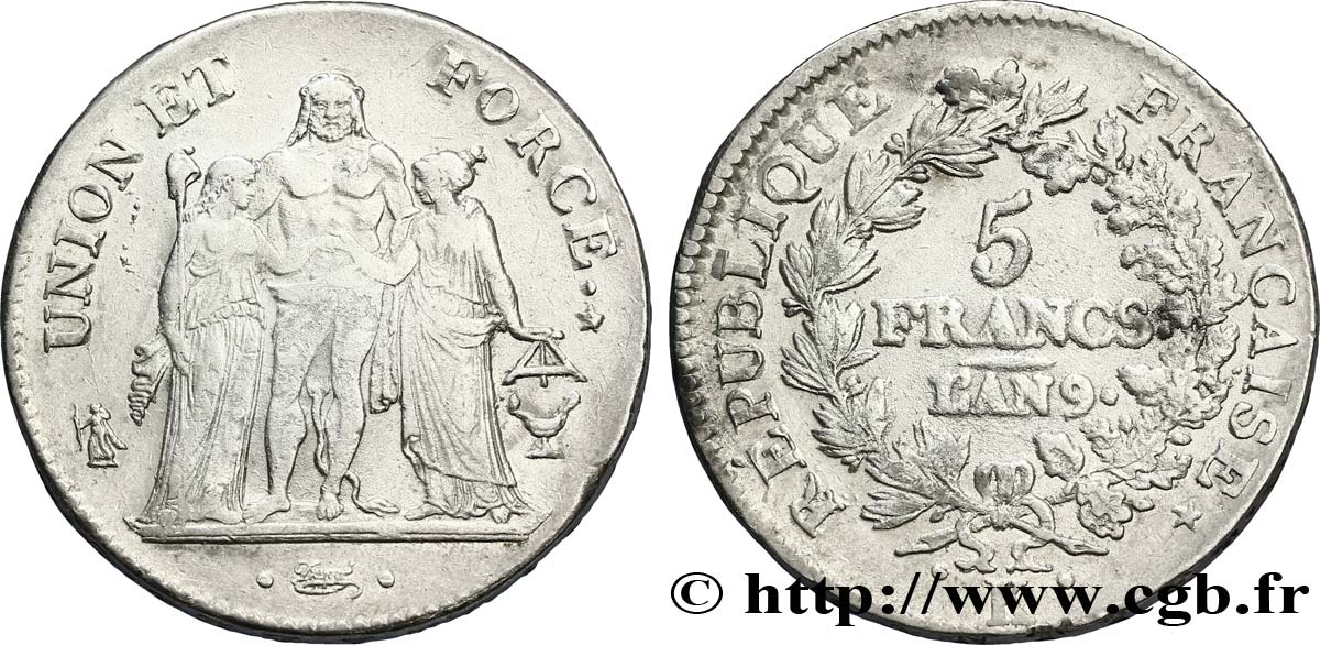 5 francs Union et Force, Union serré, avec glands intérieurs et gland extérieur 1801 Bordeaux F.288/159 BB40 