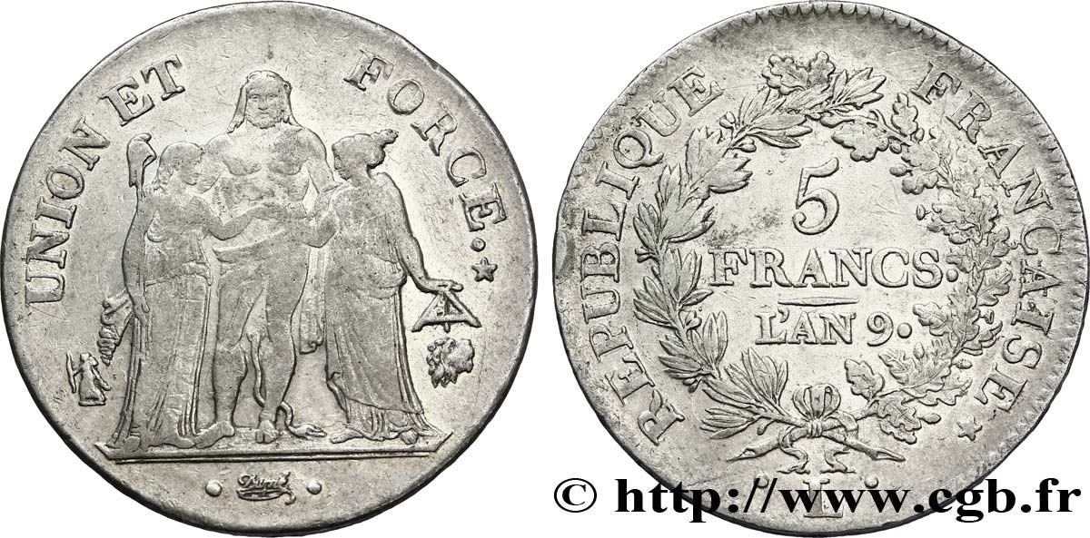5 francs Union et Force, Union serré, avec glands intérieurs et gland extérieur 1801 Bayonne F.288/161 XF40 
