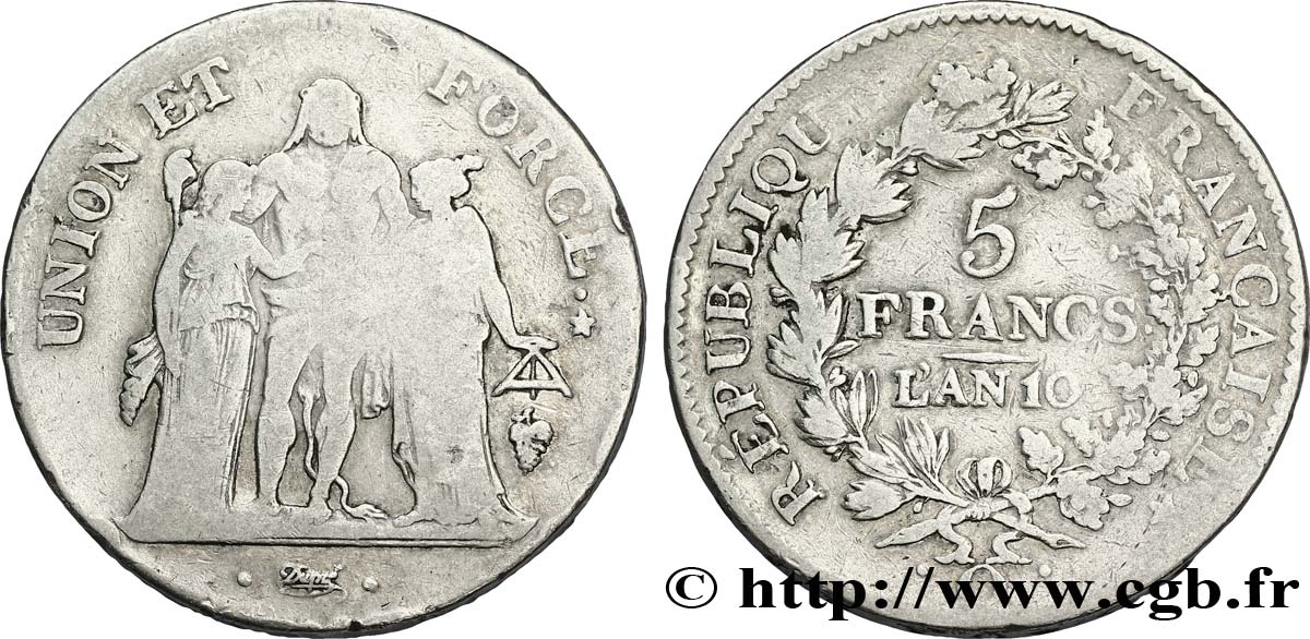 5 francs Union et Force, Union serré, avec glands intérieurs et gland extérieur 1802 Perpignan F./ var. S20 