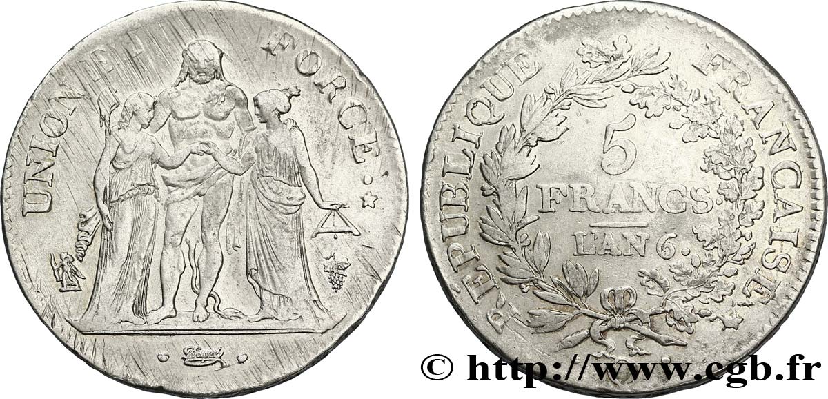 5 francs Union et Force, Union serré, avec un gland intérieur du haut et gland extérieur 1798 Perpignan F.288/80 MBC42 