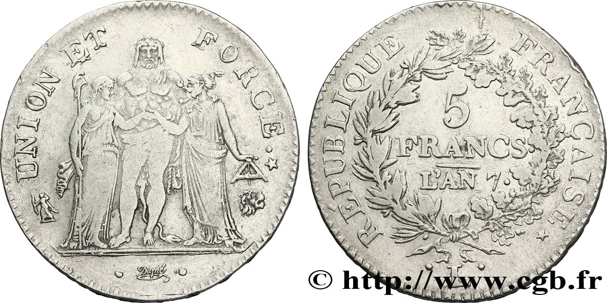 5 francs Union et Force, Union desserré, avec glands intérieurs et gland extérieur 1799 Bayonne/Paris F.291/29 SS40 