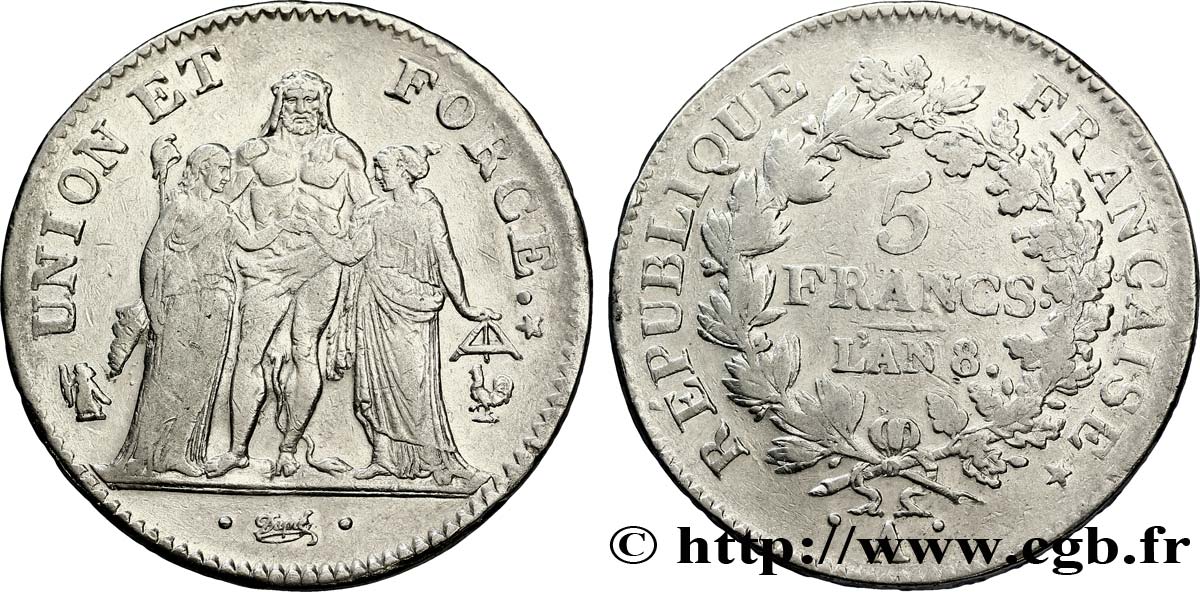 5 francs Union et Force, Union desserré, avec glands intérieurs et gland extérieur 1800 Paris F.291/30 TB32 