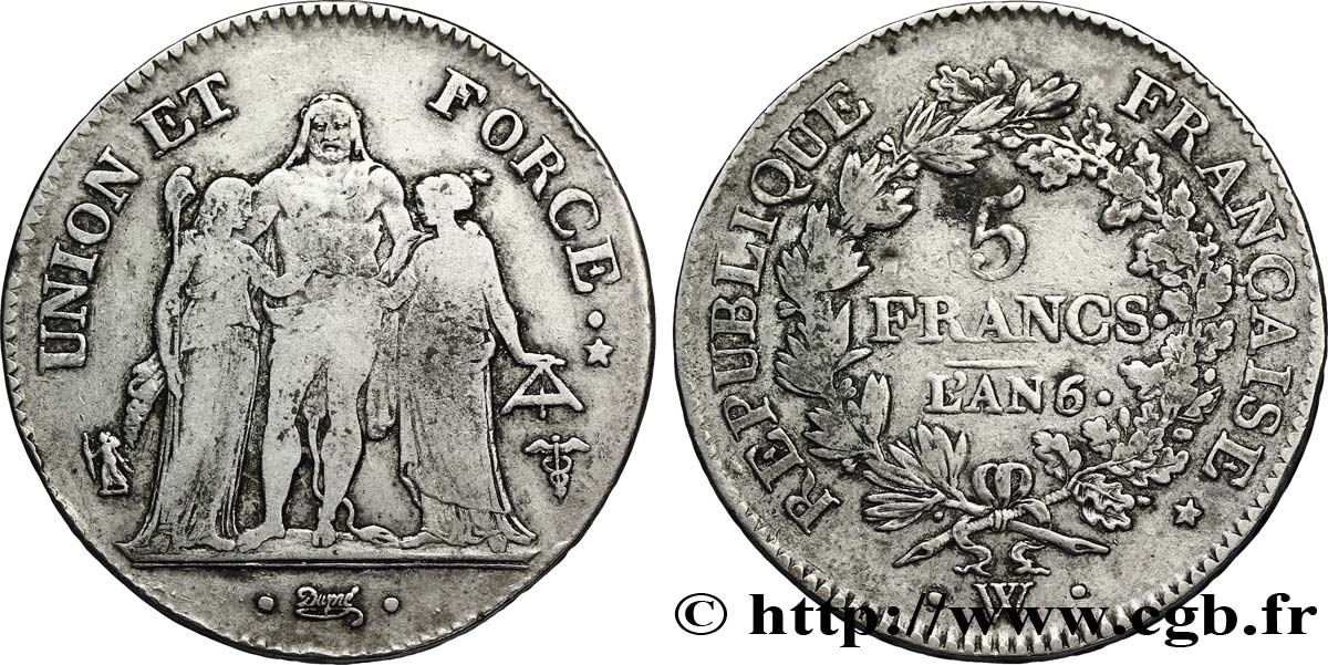 5 francs Union et Force, Union serré, seulement gland extérieur 1798 Lille F.288/92 BC25 