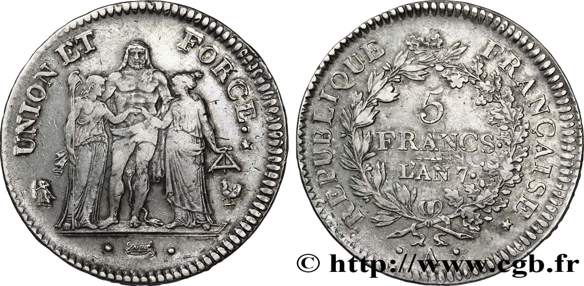 5 francs Union et Force, Union serré, seulement gland extérieur 1799 Paris F.288/98 TTB50 