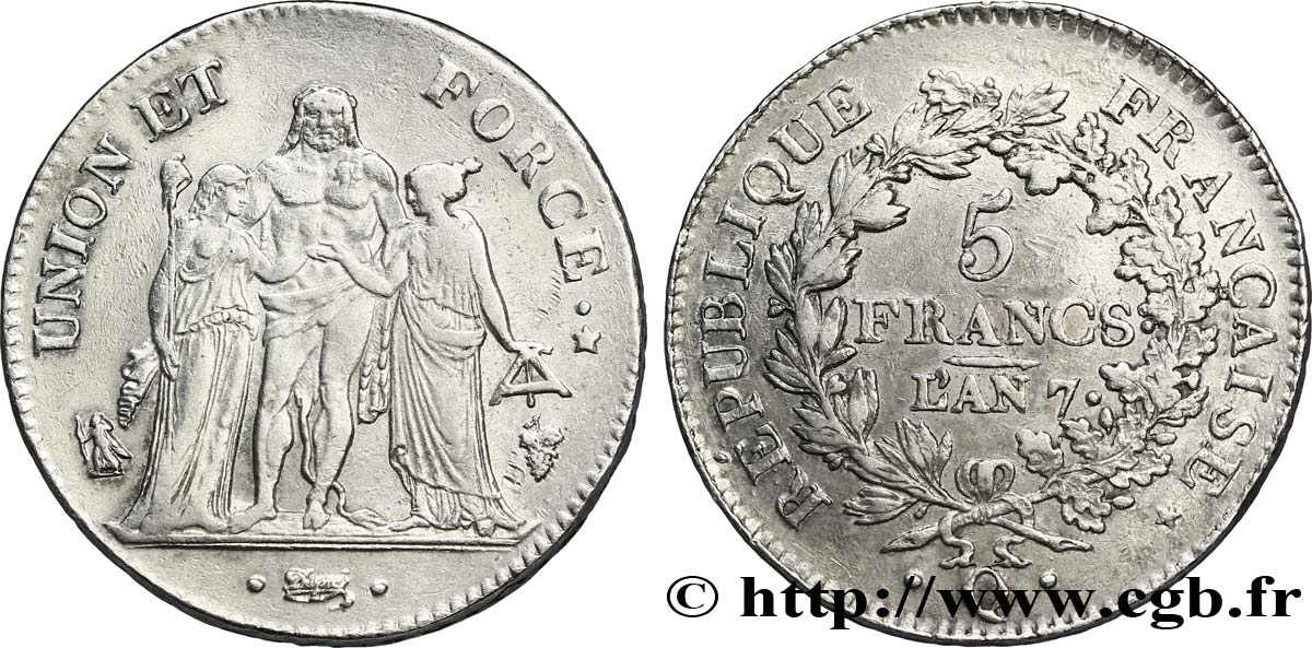 5 francs Union et Force, Union serré, seulement gland extérieur, petite feuille 1799 Perpignan F.288/122 MBC45 