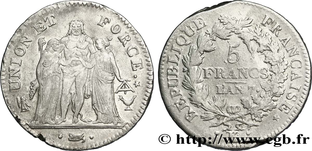5 francs Union et Force, Union desserré, seulement gland extérieur, petite feuille 1799 Bordeaux F.291/25 S38 