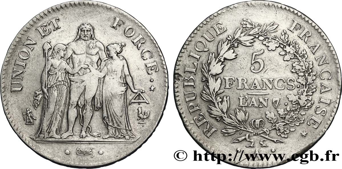 5 francs Union et Force, Union serré, gland intérieur haut, gland extérieur, petite feuille 1799 Paris F.288/104 SS40 