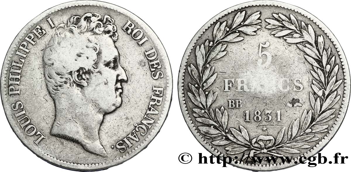 5 francs type Tiolier avec le I, tranche en creux 1831 Strasbourg F.315/16 S25 