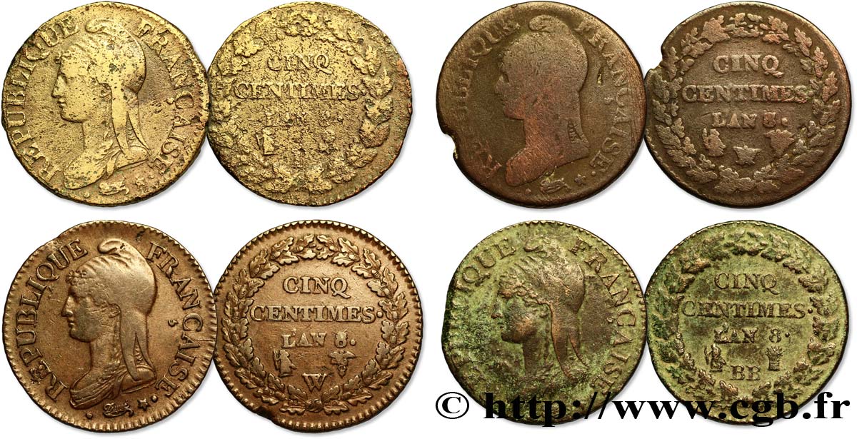 Lot de quatre pièces de Cinq centimes Dupré, grand module (F.115) n.d. n.l. F.115/- BC/MBC 