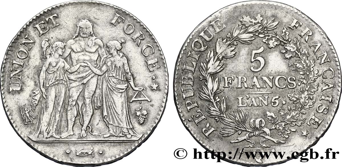 5 francs Union et Force, Union serré, avec glands intérieurs et gland extérieur 1797 Perpignan F.288/25 TTB48 