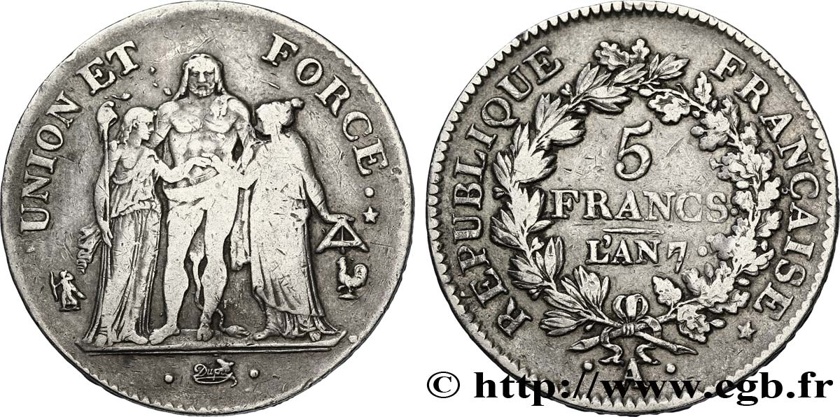 5 francs Union et Force, Union serré, avec glands intérieurs et gland extérieur 1799 Paris F.288/103 BC35 