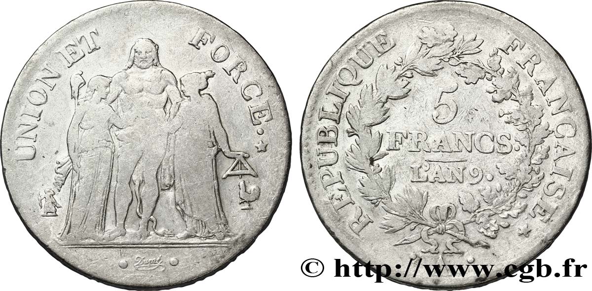 5 francs Union et Force, Union serré, avec glands intérieurs et gland extérieur 1801 Paris F.288/155 BC25 