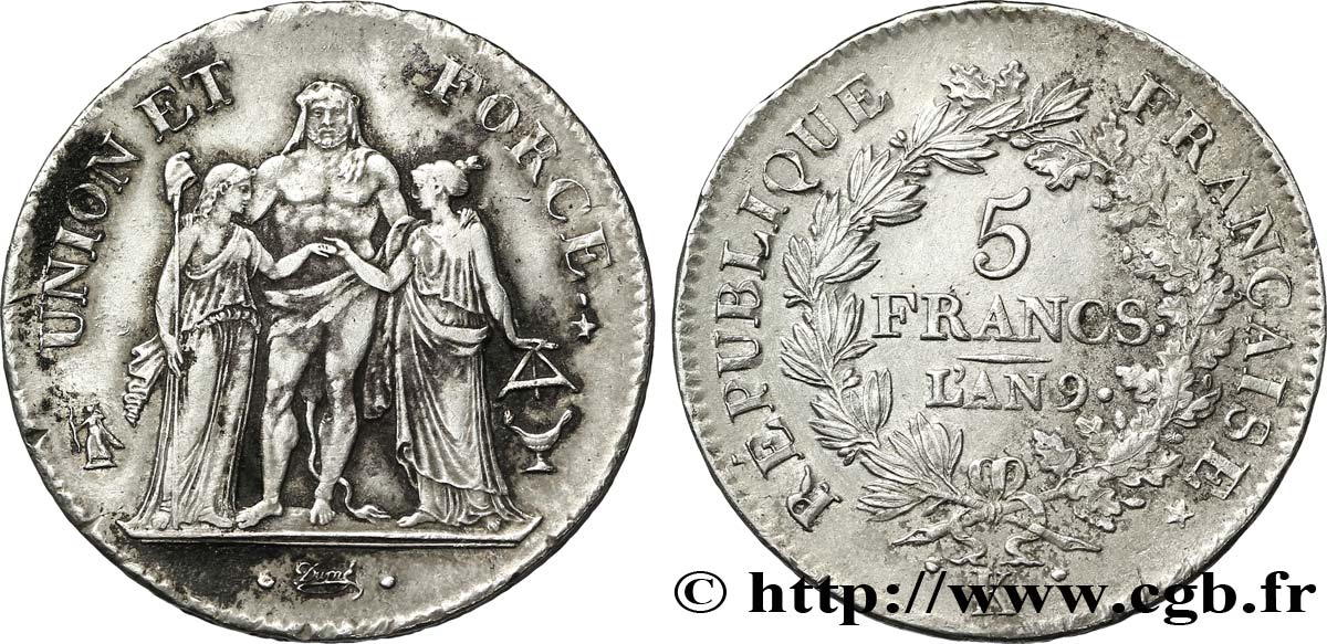 5 francs Union et Force, Union serré, avec glands intérieurs et gland extérieur 1801 Bordeaux F.288/159 BB53 