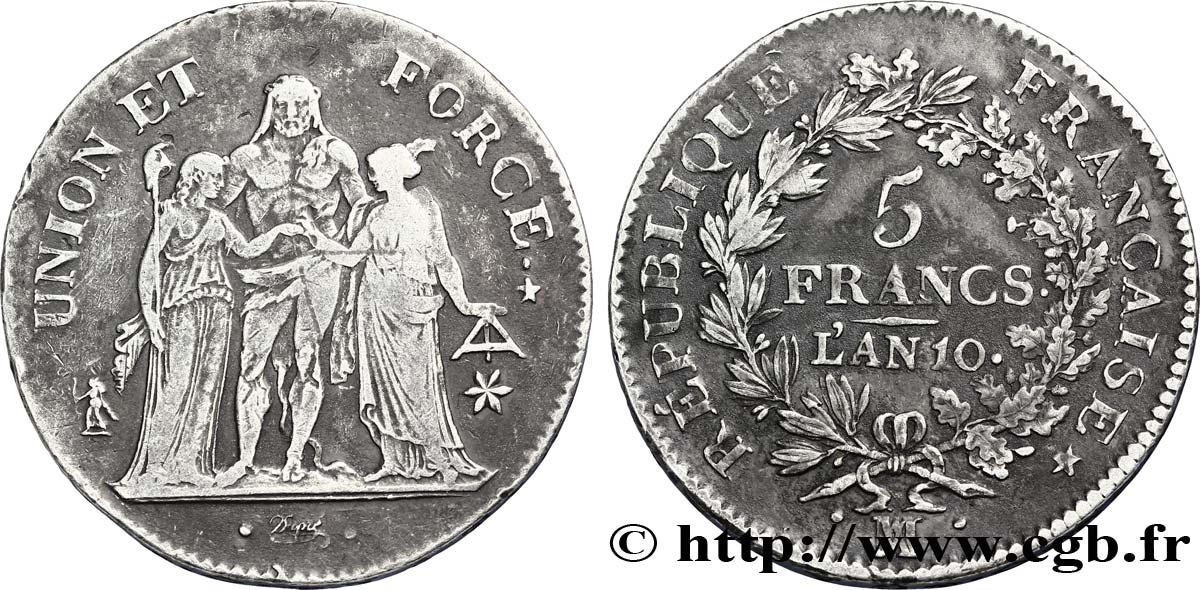 5 francs Union et Force, Union serré, avec glands intérieurs et gland extérieur 1802 Marseille F./ SS45 
